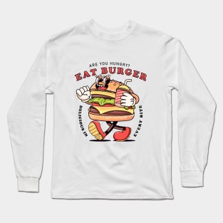 Eat Burger, retro carton burger walking while carrying drinks Long Sleeve T-Shirt